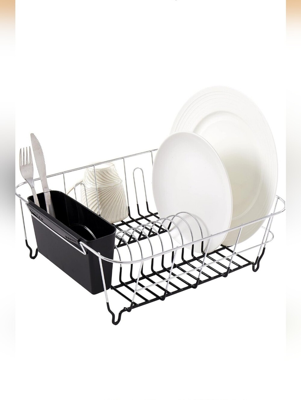 Like New Silver Chrome Metal Dish Drying Rack with Black Utensil Holder